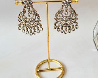 Silver Gold Indian Kundan Earrings•Dangle Ethnic Chandelier Earrings