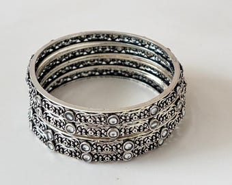 Set of 4 Oxidised Silver Indian Bangles • Size 2.8 Kangan Jewelry