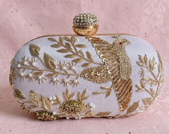 Pink Bird Oval Clutch•Handmade Silk Evening Peacock Party Bag•Indian Pink Shoulder Purse