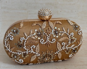 Gold Oval Embroidered Pearl Clutch Bag•Handcrafted Silk Indian Evening Handbag