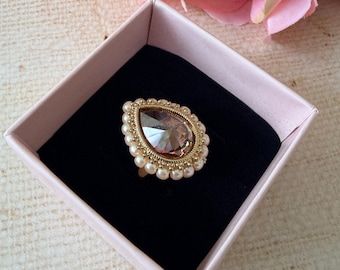 Antique Gold Teardrop Pearl Ring • Adjustable Statement Ring