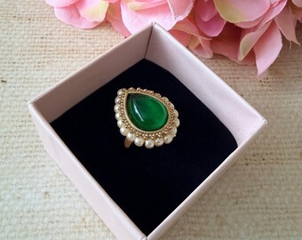 Green Teardrop Pearl Ring • Adjustable Gold Statement Ring