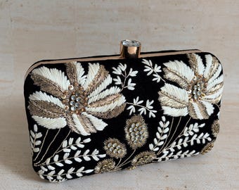 Black Velvet Rectangular Clutch•Handcrafted Evening Shoulder Handbag•Floral Purse