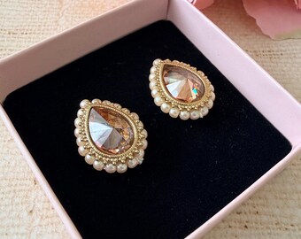 Antique Gold Teardrop Pearl Stud Earrings • Indian Ethnic Style