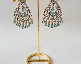 Blue Silver Indian Kundan Earrings•Dangle Ethnic Chandelier Earrings