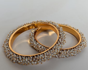 Pair Of Pearl Gold Plated Bangles 2.6•Indian Gold Bangles• Pearl Bangles•Gold Kangans/Kadas