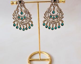 Green Gold Indian Kundan Earrings•Dangle Ethnic Chandelier Earrings