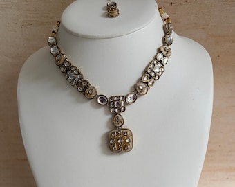 Mother of Pearl Long Necklace Set • Gold Indian Jewelry with Earrings, Tikka