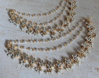 Gold Plated Kundan Pearl Ear Chains • Detachable Indian Hair Jewellery