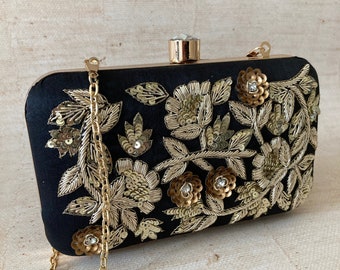 Black Gold And Bronze Zardozi Flower Embellished Handcrafted Clutch Bag•Indian Clutch•Women's Handbag•Shoulder Bag•BLACK CLUTCH