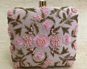 Pink Handcrafted Square Floral CLUTCH BAG•Indian Clutch•PINK Women's Handbag•Statement Purse•Embroidery Clutch•Handcrafted•Square Clutch