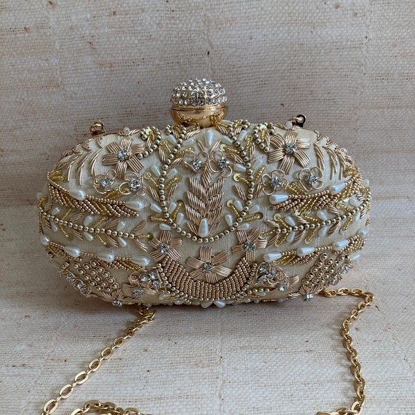 GOLD Ivory Oval Pearl Embellished Handcrafted Clutch Bag•Indian Clutch•Gold Embroidered Clutch•Gold Handbag•Pearl Clutch•Evening Clutch