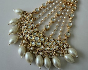 Gold Plated Pearl Kundan Passa • Indian Pakistani Bride Headpiece