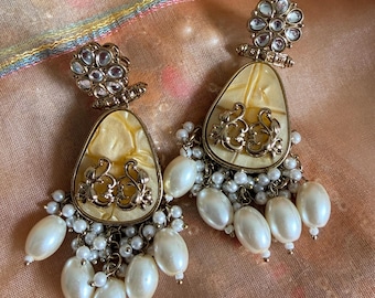 Mother Of Pearl Dangle Earrings • Antique Gold Kundan Detailing Ethnic Jewelry