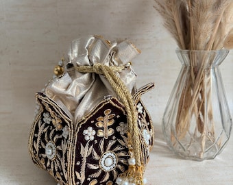 Maroon Velvet Potli Bag • Dabka Embroidery, Pearl Handle Clutch