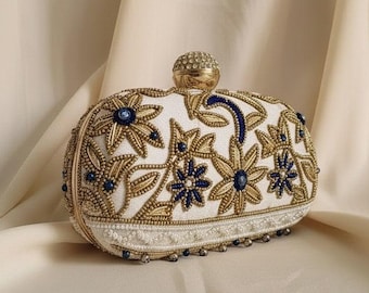Off White Oval Clutch Bag•Handcrafted Embroidered Purse•Indian Shoulder Bag