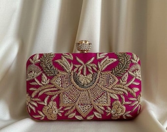 Handcrafted Hot Pink Embroidered Clutch Bag • Indian Evening Purse (6x9 Inches)