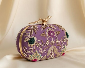 Purple Velvet Oval Clutch Bag•Colourful Handcrafted Evening Purse•Indian Clutch•Bird Handbag