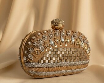 Gold Oval Clutch Bag•Handcrafted Embroidered Purse•Evening Shoulder Bag