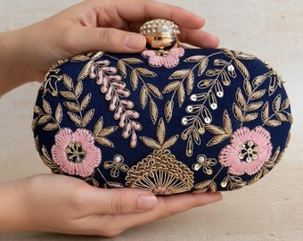 Oval Navy Clutch Bag•Indian Clutch•Blue Evening Shoulder Handbag•Pink Floral Embroidered Purse