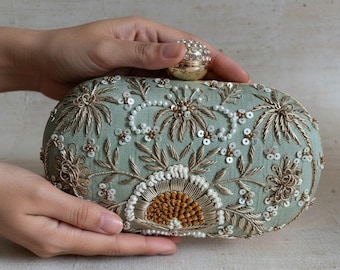 Embroidered Oval Clutch Bag • Mint Green Raw Silk Evening Purse with Gold Chain