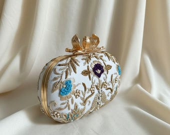 Off White Flower Clasp Oval Clutch Bag• Handcrafted Evening Purse•Indian Clutch