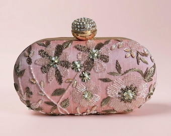 Pink Floral Handcrafted Embroidered Clutch•Silk Evening Shoulder Bag
