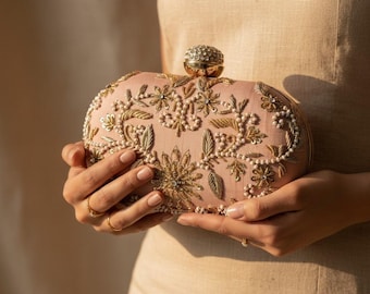 Pink Raw Silk Clutch Bag • Pearl Sequin Embroidery Evening Purse