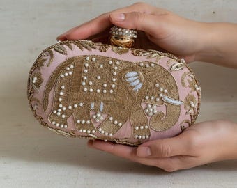 Elephant Oval Pink Clutch•Handcrafted Indian Clutch•Evening Shoulder Purse