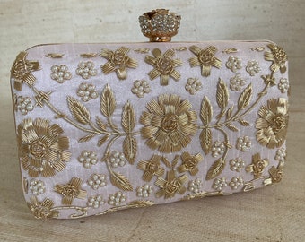PINK Gold Pearl Rectangular Embellished Handcrafted Clutch Bag•Indian Clutch•Light Pink Clutch•Shoulder Bag•Pearl Clutch•Pink Handbag