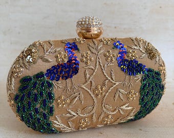 Gold Peacock Clutch • Handcrafted Embroidered Evening Bag, Dabka Sequin Purse