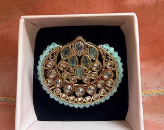 Mint Green Kundan Ring • Adjustable Gold Pearl Indian Jewelry