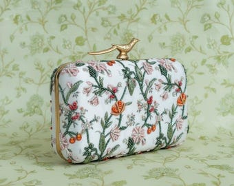 Embroidered Floral Clutch Bag • Gold Bird Clasp Evening Handbag (6x9 Inches)