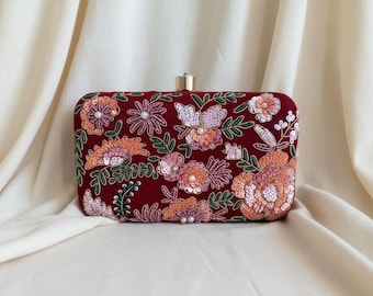 Maroon Velvet Clutch Bag • Handcrafted Floral Sequin Embroidery Evening Purse