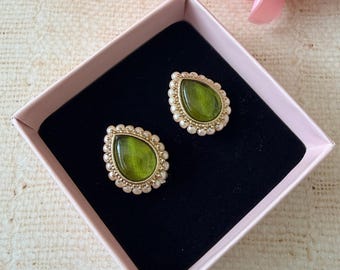 Green Gold Teardrop Pearl Stud Earrings • Indian Ethnic Style