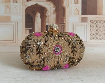 Gold Oval Clutch Bag • Handcrafted Dabka Sequin Embroidered Purse (8.5 x 5.5 Inches)