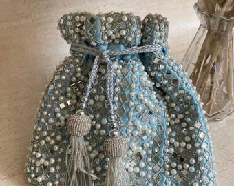 Blue Pearl Mirror Potli Bag: Handcrafted Raw Silk Wedding Clutch