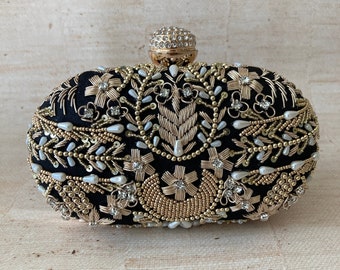 BLACK GOLD Oval Pearl Embellished Handcrafted Clutch Bag•Indian Clutch•Women's Handbag•Shoulder Bag•Statement Clutch•Evening Bag