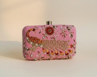 Pink Peacock Handcrafted Rectangular Clutch Bag•Velvet Evening Purse•Indian Shoulder Bag