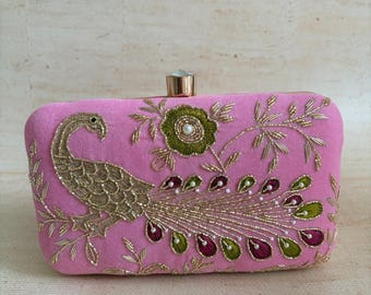 Peacock Handcrafted Rectangular Pink Clutch•Velvet Evening Purse