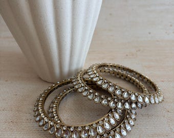 Set Of 4 Antique Gold Pearl Kundan Bangles 2.8• Indian Stone Bangles