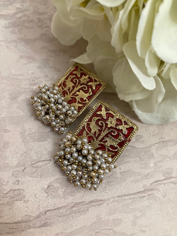 Red Meenakari Indian Earrings • Gold Plated with Pearl Drops