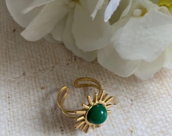 Gold Sun Ring • Emerald Green Adjustable Statement Ring