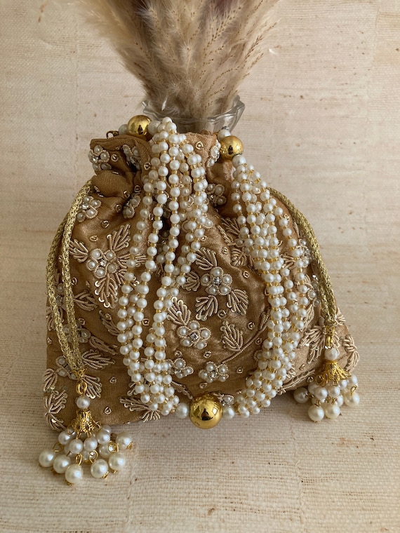 BRONZE Pearl Potli•Potli Bag•Potlis•Indian Handbag•GOLD Bronze Bag•Handcrafted Potli•Bridal Gift For Her•Bucket Bag•Luxury Potli•Pearl Potli