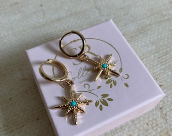 14K Gold Plated Star Huggie Earrings • Celestial Blue Stone Detail