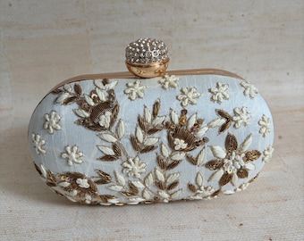 Off White Handcrafted Dabka Heavily Embroidered Clutch Bag•Evening Shoulder Purse