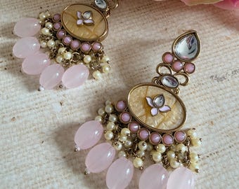 Mother Of Pearl Kundan Earrings • Pink Pearl Dangle Ethnic Jewelry
