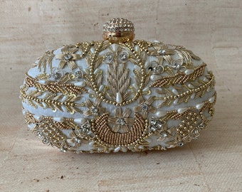 Light Blue Gold Pearl Oval Embellished Handcrafted Indian Clutch Bag•Indian Clutch•Women's Handbag•Shoulder Bag•Blue Clutch•Evening Bag