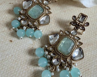 Blue Lightweight Kundan Pearl Antique Earrings•Indian Ethnic Dangle Jewellery•Dangle Jhumkas