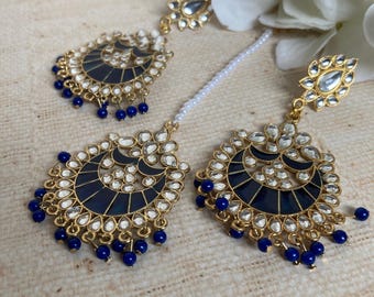 Blue Kundan Pearl Earrings Tikka Set• Lightweight Set• Indian Ethnic Jewellery